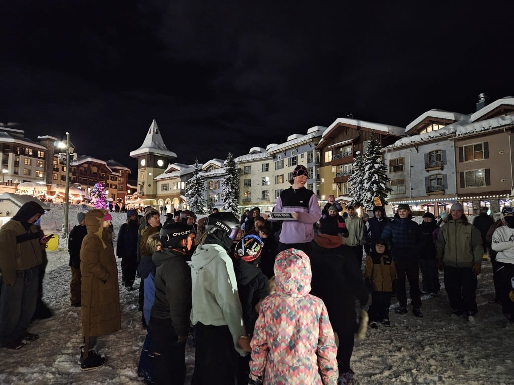 A crowd gathers at the Sun Peaks village base to watch winners of the Stoke Series receive plaques.